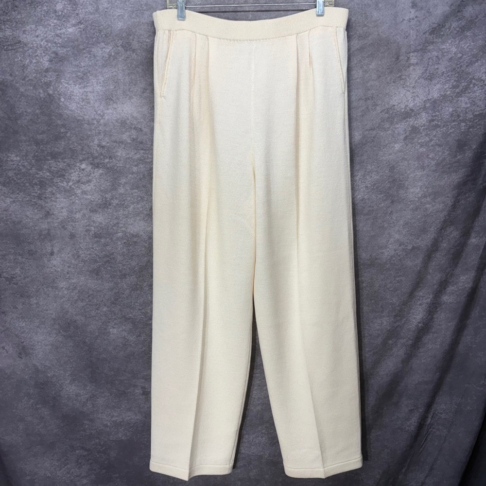 St John Separates Cream Santana Knit Pleated Straight Leg Pants Size 14 Luxury